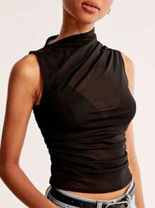 Siren Gaze 黑色网眼透视不对称领口上衣，音乐节派对上衣，夏季女装，复活节/音乐会女装音乐节假期 - 黑色 - 查看 6