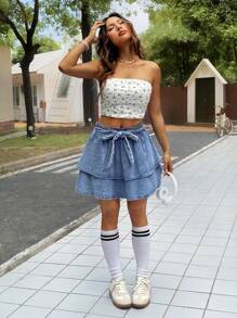 SHEIN PETITE Women's Blue Body-Conscious Mini Denim Skirt