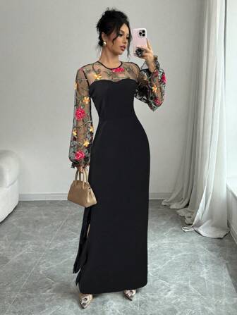 SHEIN Privé 女士花卉刺绣拼布网眼连衣裙，优雅