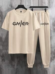 Manfinity Homme Męski zestaw T-shirt i spodnie, minimalistyczny i modny, odpowiedni na lato - Kolor khaki - Zobacz 3