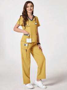 TaskEZ 2pcs Women's Contrast V-Neck Short Sleeve Pocket Top And Pants Scrub Uniform Set - Yellow - View 9