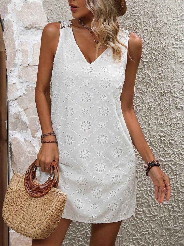 Breezaya Vestido diario simple de unicolor sin mangas para mujer, atuendo para vacaciones y playa - Blanco - Añade 2