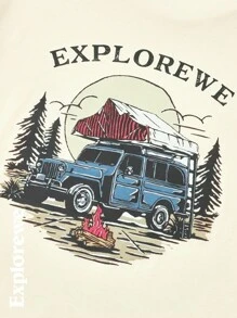 Tricou cu mânecă scurtă cu decolteu rotund cu imprimeu cu mașină și copac la modă pentru băieți, vară