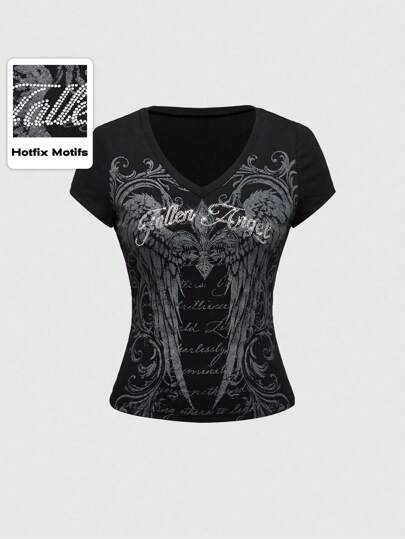 Grunge Punk Grunge Style Distressed Wing Print Rhinestone Embellished Women's Kpop Tight Fit T-Shirt