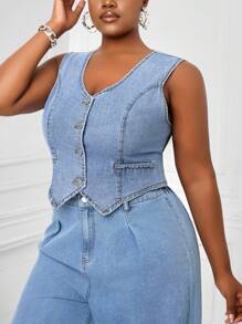 SHEIN Lady 大码牛仔上衣休闲无袖背心蓝色夏季上衣女士夏季服装圣帕特里克复活节 100% 纯棉 - 淺色水洗藍 - 查看 5