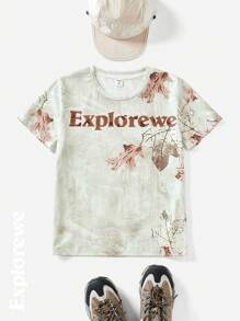 SHEIN Tricou cu mânecă scurtă în aer liber cu imprimeu de frunze pentru fete Tween