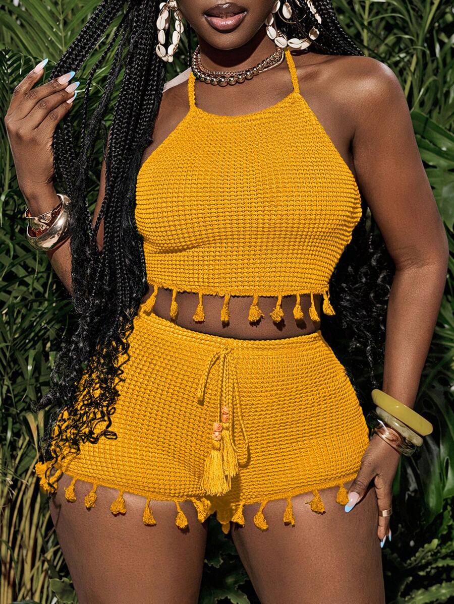 Slaydiva 2025 Summer New Music Festival, Easter, St. Patrick's Day, Western, Nomadic, Birthday Party, Graduation Season, Student, Daily Wear, Versatile, Casual, Vacation, Cruise, Beach, Sun Bathing, Fashion, Crochet, Halter Tie, Sexy Backless, Textured Fabric, Tassel Decor, Yellow Women Set