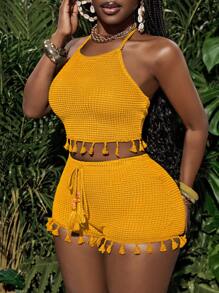 Slaydiva 2025 Summer New Music Festival, Easter, St. Patrick's Day, Western, Nomadic, Birthday Party, Graduation Season, Student, Daily Wear, Versatile, Casual, Vacation, Cruise, Beach, Sun Bathing, Fashion, Crochet, Halter Tie, Sexy Backless, Textured Fabric, Tassel Decor, Yellow Women Set - Yellow - View 7