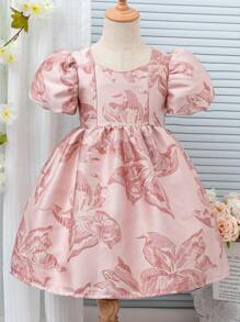 女孩年轻女孩正式泡泡袖圆领提花拉链公主裙，优雅迷人，适合生日派对 - 粉色 - 查看 3