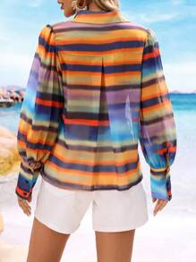 Breezaya Camisa de mujer de manga larga con un solo pecho, informal, suelta, con estampado de arcoíris, para vacaciones