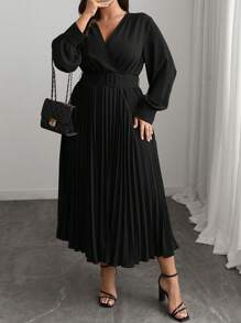 Elenzga Plus Size Women's V-Neck Solid Color A-Line Long Sleeve Dress, Elegant Office & Casual, With Waist Belt, Suitable For Spring, Autumn & Winter, For Christmas Maxi Women Outfit Fall Cloth For Women - Black - View 6