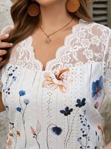 SHEIN LUNE Plus Size Women's V-Neck Lace Patchwork Plant Print T-Shirt Summer For Women Vacation Woman Summer Top Wedding Season Beach For Woman - White - View 8