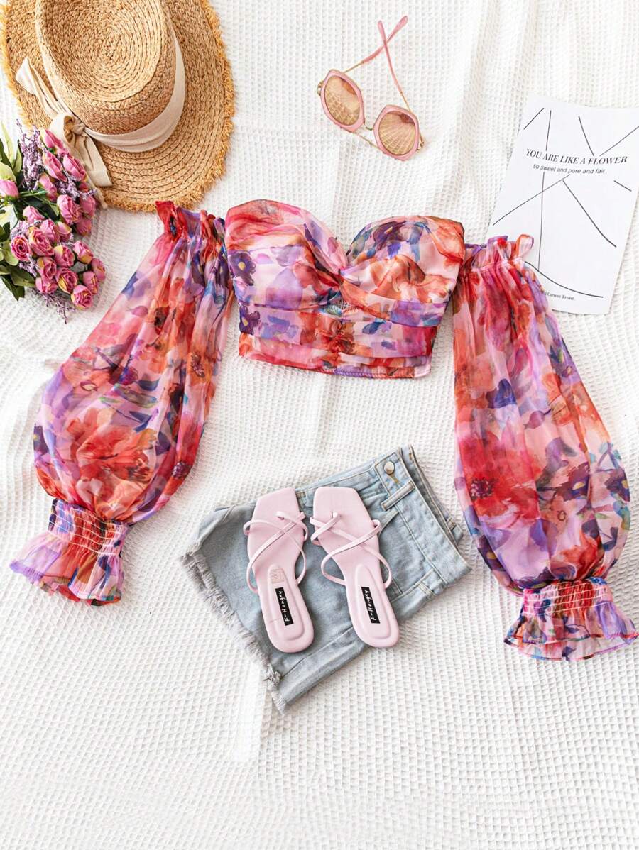 Soleia WYWH Women's Romantic Casual Vacation Dress, Suitable For Easter, Graduation, Wedding, Back To School, Party, Garden Tea - Cute Girl Style, Watercolor Floral Print, Off Shoulder Twist Blouse, Made Of Organza