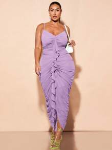 SHEIN BAE 加大码女式褶皱胸部修身性感优雅 V 领连衣裙，带荷叶边，适合春夏季度假海滩、女士生日礼服 - 淡紫色 - 查看 6
