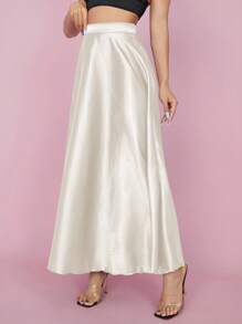 SHEIN PETITE High Waist Solid Flared Party Women Skirt - Beige - View 5