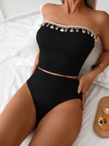 SHEIN Swim 2pcs Women Springbreak Spaghetti Strap Bikini Set, Textured Fabric With Seashell And Starfish Decor, High Waist Bikini Bottom, Adult Beach Spaghetti Strap Bikini For Summer Beach Vacation