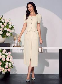 Modelyn Women Apricot French Square Neck Short Puff Sleeve Top + Fashionable Long Skirt 2 Pieces Set - Apricot - View 5