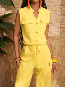 Zivah 2025 年新夏季系列 音乐节、复活节、圣帕特里克节、波西米亚风、西部风、婚礼、生日派对、毕业典礼、学生、休闲、度假、巡游、海滩、日光浴、时尚、街头风格 女士无袖、中式领、前开襟、纽扣、抽绳腰部、交叉口袋、踝长、可调节连体裤、黄色 - 黃色 - 查看 5