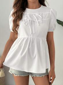 SHEIN Comfortable Puff Sleeve Ruffle Hem Women Blouse, Maternity Wear - White - View 3