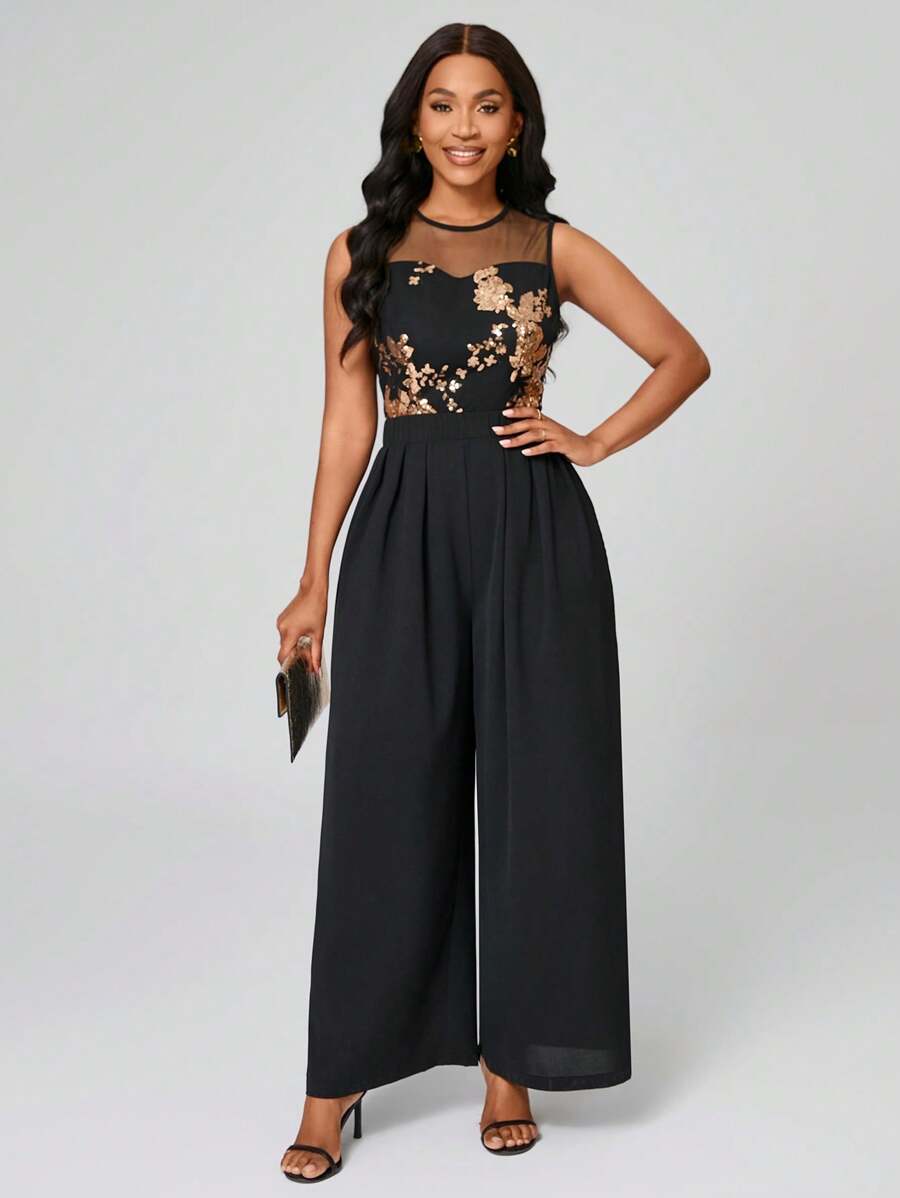 Lyxana Women's Elegant Lace Sequins Jumpsuit, Casual Holiday Wear