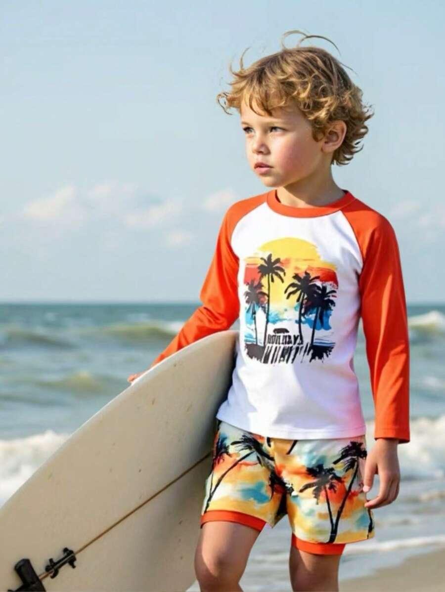 2 件套男童泳裤、热带印花插肩袖上衣和编织沙滩短裤、儿童沙滩装 - 彩色 - 查看 1