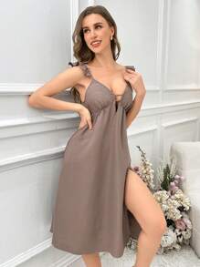 Women's Slit Back Sleeveless Long Nightgown - Brown - View 1