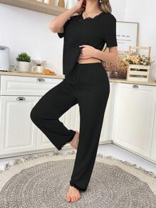 SHEIN Color Block Lace Stitching Oblique Shoulder Casual Short Sleeve Pants Sleepwear Suit - Black - View 4