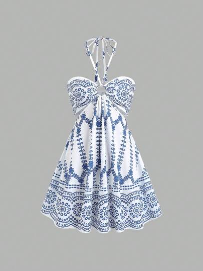 Sweetra Women's Casual Holiday Blue & White Embroidered Floral Halter Neck Drawstring Hollow-Out Waist A-Line Mini Dress, Suitable For Vacation, Party, Date, Easter, Carnival, Afternoon Tea, Beach Dresses For Women,, Summer Dresses For Vacation