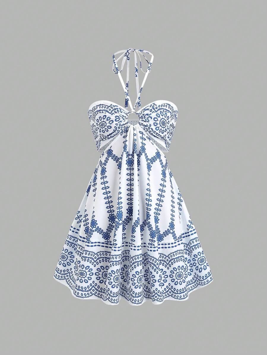 Sweetra 女士夏季休闲度假紧身系带露背镂空喇叭迷你连衣裙，带花卉印花，蓝色 - 藍色 - 查看 1