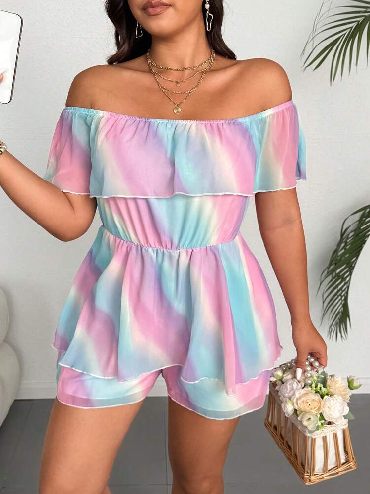 Flirla 大码女式彩虹印花露肩荷叶边休闲连体衣 - 彩色 - 查看 5