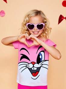 SHEIN Girls' Casual Everyday Cute Rabbit Expression Pattern Round Neck Short Sleeve T-Shirt, Soft And Comfortable Knitted Fabric, Suitable For Easter, Fun Costume Play, Parties, Outdoor Activities - Hot Pink - View 1