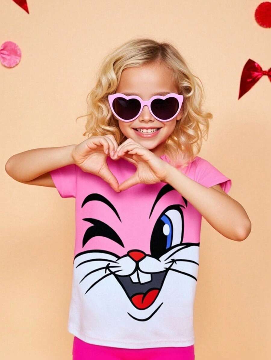 SHEIN Girls' Casual Everyday Cute Rabbit Expression Pattern Round Neck Short Sleeve T-Shirt, Soft And Comfortable Knitted Fabric, Suitable For Easter, Fun Costume Play, Parties, Outdoor Activities - Hot Pink - View 1