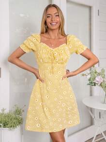 SHEIN VCAY Women's Frill Tie-Up Puff Sleeve A-Line Ditsy Floral Romantic Vacation Dress - Yellow - View 7