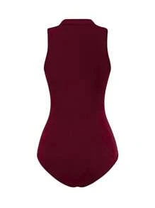 INAWLY Women's Casual Solid Color Stand Collar Bodysuit - Burgundy - View 2