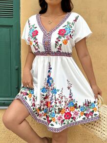 SHEIN VCAY 大码花卉印花 V 领蝙蝠袖休闲连衣裙 女士春季连衣裙 女士春季连衣裙 女士太阳裙 度假连衣裙 女士夏季度假服装 女士春季西部生日服装 波西米亚风女装 狂欢老钱外出服装 女士教师服装 女士早午餐服装 仙女风海滩度假 海滩度假优雅商务休闲装 仙女风可爱乡村风 女士办公室服装 工作毕业装 婚礼宾客装 热带风情 - 彩色 - 查看 6