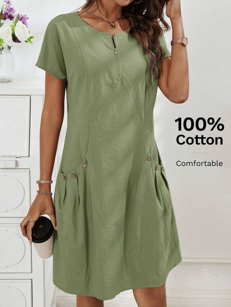 SHEIN LUNE Zipper Neckline Women's Double Pocket Dress