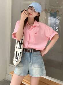 DAZY Women's Summer Oversized Bowknot Printed Drop Shoulder Casual Shirt,Short Sleeve Tops - Pink - View 12