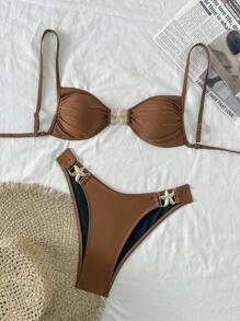 Swim SXY Women's Beach Vacation Casual Slim Strap High Cut Pants Starfish Accessories Spaghetti Strap Bikini Two Pieces Swimwear Set For Summer - Rust Brown - View 4