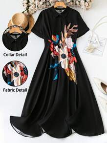 SHEIN LUNE Abito corto con maniche corte, colletto camicia, vita segnata, con stampa floreale, adatto per donna taglia comoda, per occasioni eleganti e pendolarismo