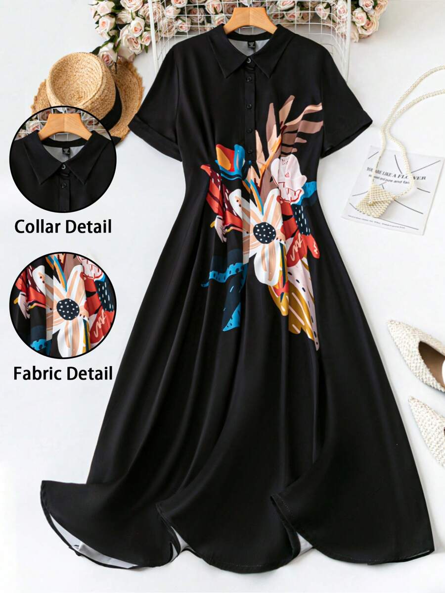 SHEIN LUNE Abito corto con maniche corte, colletto camicia, vita segnata, con stampa floreale, adatto per donna taglia comoda, per occasioni eleganti e pendolarismo