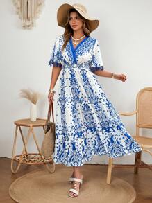 Flirla Plus Size Boho Vintage Floral Fringe Ruffle Dress, Bohemian Style, Spring/Summer