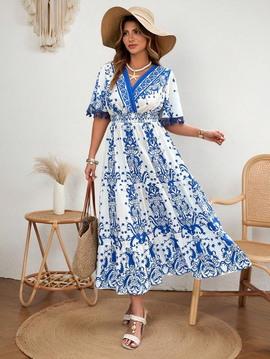 Flirla Plus Size Boho Vintage Floral Fringe Ruffle Dress, Bohemian Style, Spring/Summer