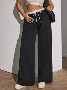 EURMUSE Petite Size Women Extra Belt And Drawstring Detailed Bottom Sweatpant Black Pants - Black - View 3