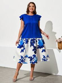 Ellevyn Conjunto de talla grande de dos piezas elegante para ocasiones festivas: blusa de cuello redondo con puños con volantes de color liso y falda larga y de cintura alta con estampado de rosas - Azul - Ver 9