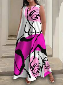 Vestido Midi Floral Aleatório de Verão Plus Size Maweii, Férias, Primavera, Verão - Multicolorido - Visão 1