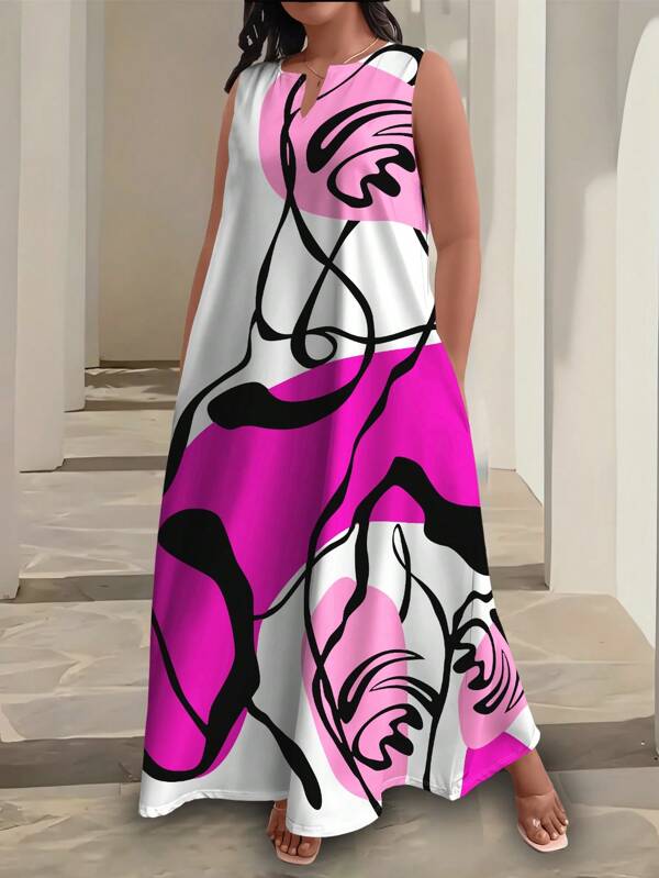 Maweii Vestido midi con estampado floral aleatorio de Maweii para tallas grandes, perfecto para vacaciones, primavera y verano