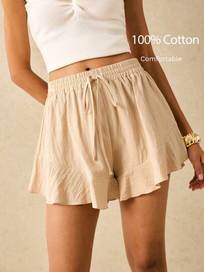 100% Cotton Ruffle Hem Solid Shorts