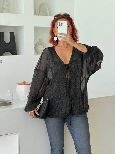 SHEIN Frenchy Plus Size Women Bowknot Half Sheer Fabric Casual Blouse, Comfortable Spring Summer New