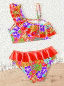 Young Girl Tropical Plant Print Ruffled Asymmetric Collar Bikini Set - Coral Orange - View 2
