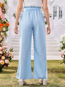 Quần ống rộng xếp ly gợn sóng cho bé gái tuổi teen có thắt lưng, thoải mái và dễ thương, thích hợp cho các buổi đi chơi thường ngày vào mùa xuân/hè - Màu xanh lam - Xem 2